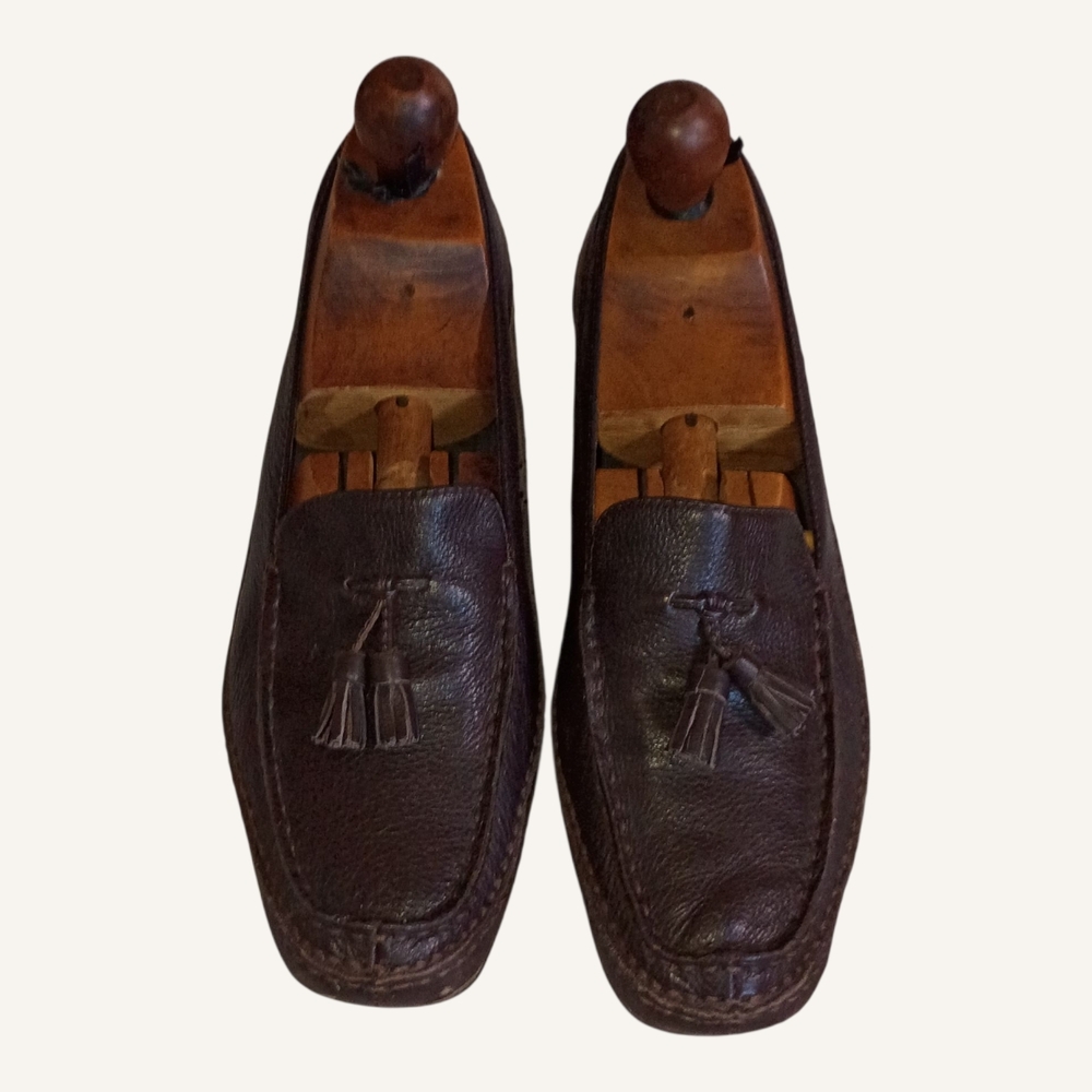 Brown Leather Loafers With Small Heel And Tassel Size 10